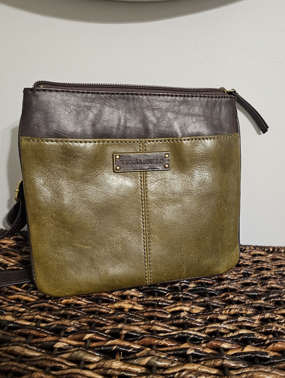 Tignanello Olive and Dark Brown Leather Messenger Crossbody